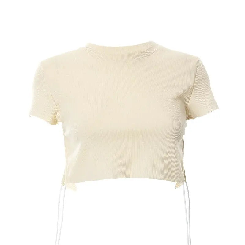 Sexy O Neck Split Ribbons Cropped T-Shirts Women Ribbed Knit Short Sleeve Slim Tshirts 2022 Summer - Blade & Thread