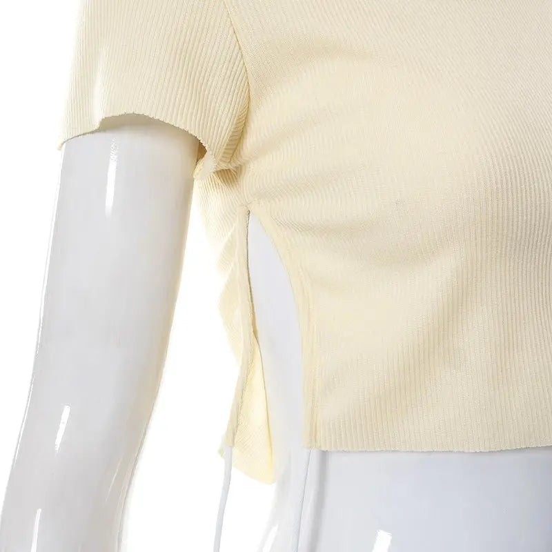 Sexy O Neck Split Ribbons Cropped T-Shirts Women Ribbed Knit Short Sleeve Slim Tshirts 2022 Summer - Blade & Thread