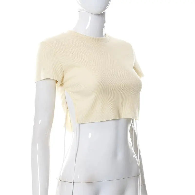 Sexy O Neck Split Ribbons Cropped T-Shirts Women Ribbed Knit Short Sleeve Slim Tshirts 2022 Summer - Blade & Thread