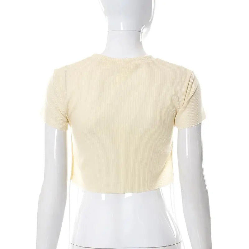 Sexy O Neck Split Ribbons Cropped T-Shirts Women Ribbed Knit Short Sleeve Slim Tshirts 2022 Summer - Blade & Thread