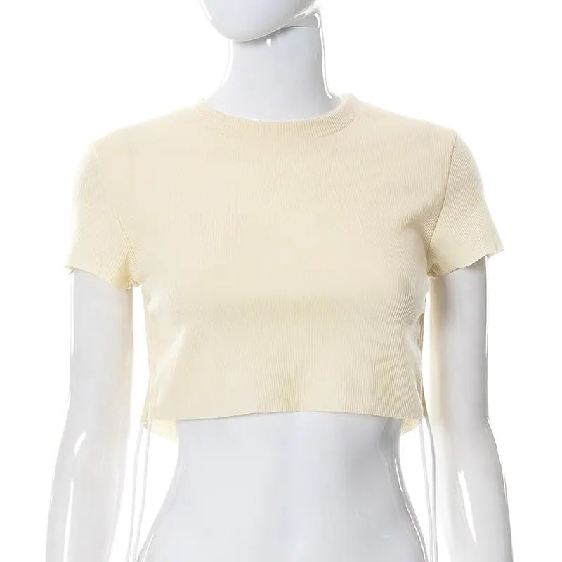 Sexy O Neck Split Ribbons Cropped T-Shirts Women Ribbed Knit Short Sleeve Slim Tshirts 2022 Summer - Blade & Thread
