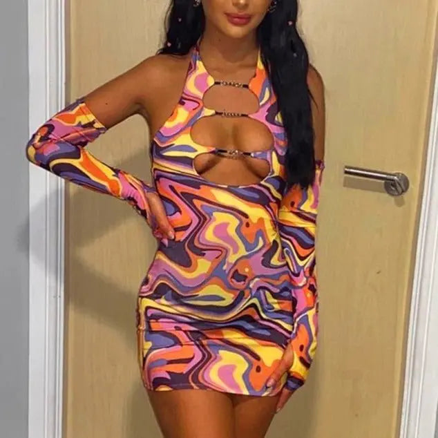 Sexy Print Halter Neck Bodycon Mini Dress Women Half Sleeve Backless Stretchy Dresses 2022 Summer - Blade & Thread