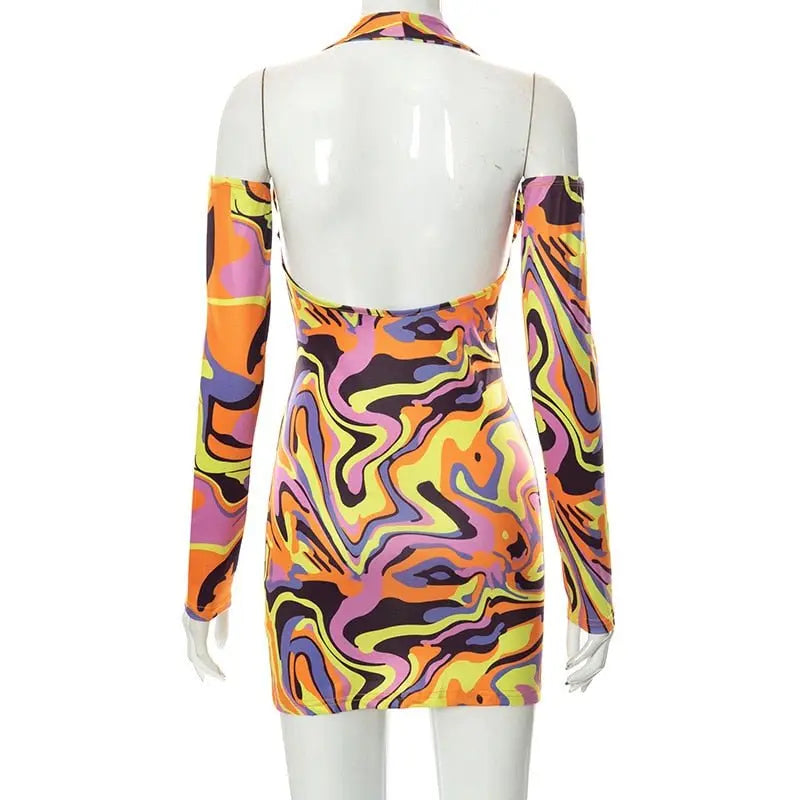 Sexy Print Halter Neck Bodycon Mini Dress Women Half Sleeve Backless Stretchy Dresses 2022 Summer - Blade & Thread