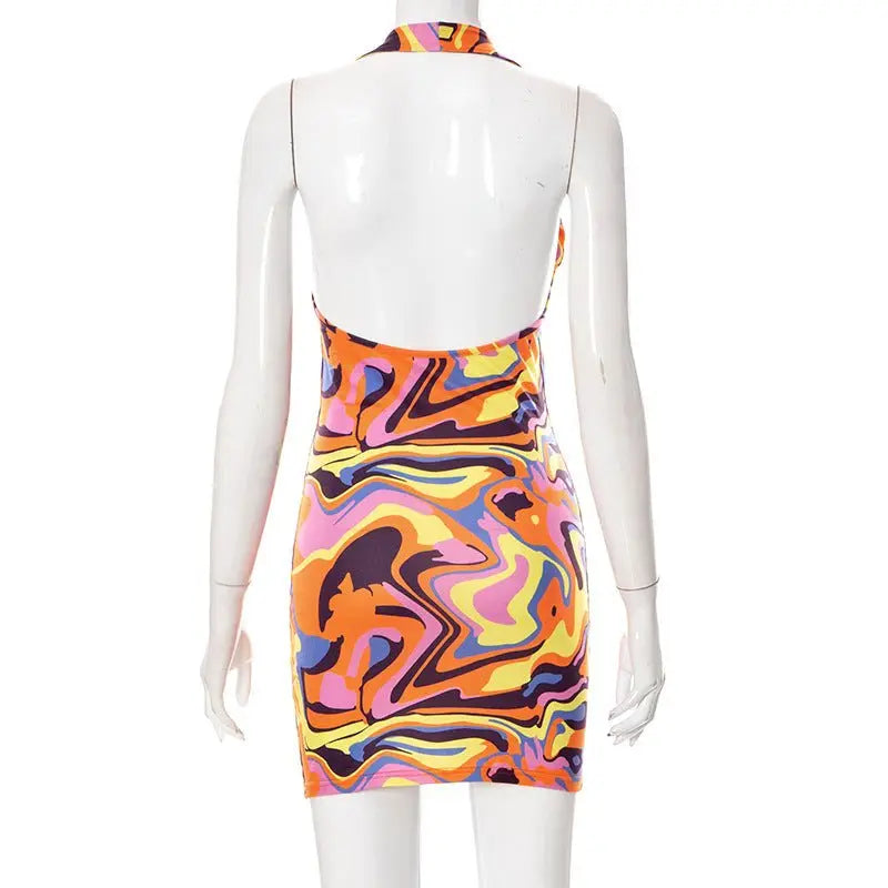 Sexy Print Halter Neck Bodycon Mini Dress Women Half Sleeve Backless Stretchy Dresses 2022 Summer - Blade & Thread