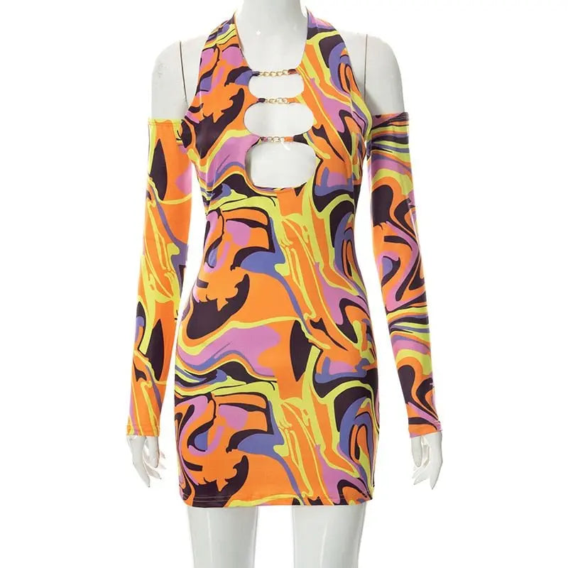 Sexy Print Halter Neck Bodycon Mini Dress Women Half Sleeve Backless Stretchy Dresses 2022 Summer - Blade & Thread