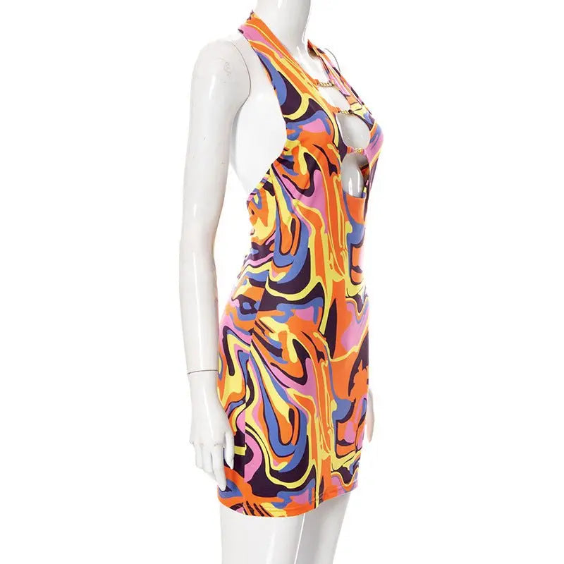 Sexy Print Halter Neck Bodycon Mini Dress Women Half Sleeve Backless Stretchy Dresses 2022 Summer - Blade & Thread