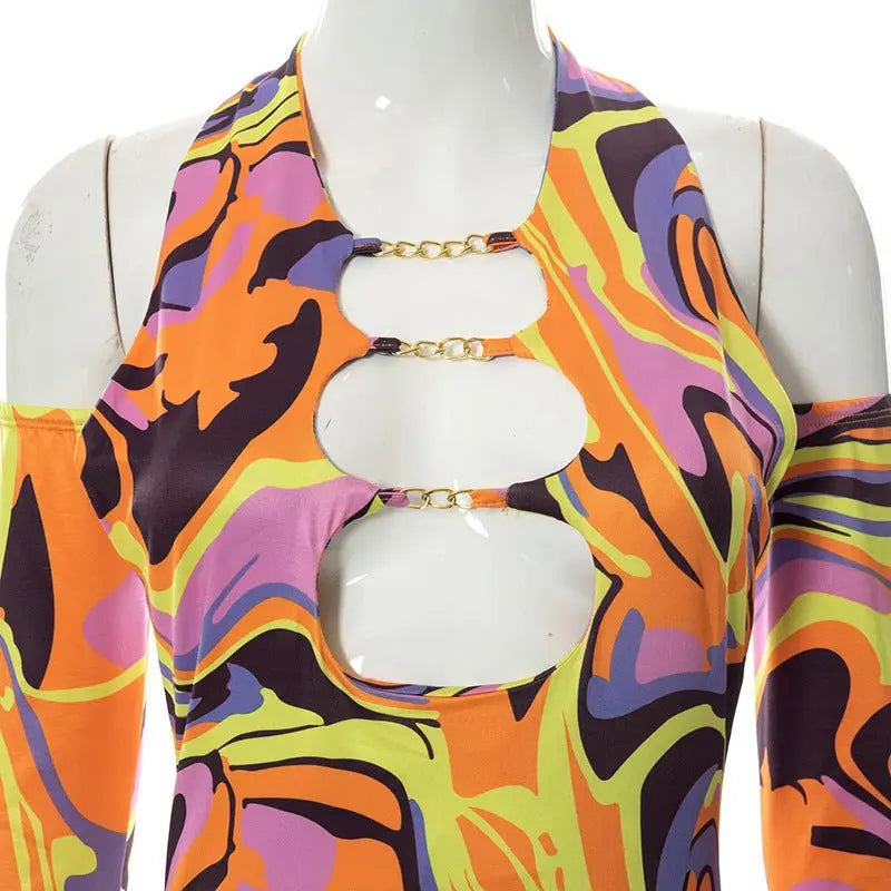 Sexy Print Halter Neck Bodycon Mini Dress Women Half Sleeve Backless Stretchy Dresses 2022 Summer - Blade & Thread