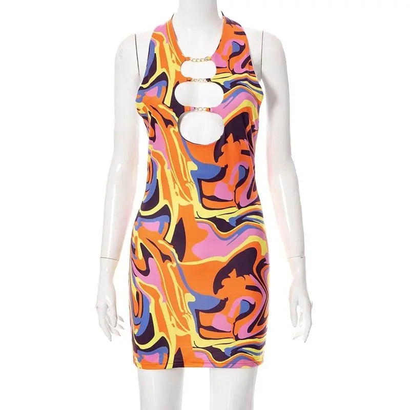 Sexy Print Halter Neck Bodycon Mini Dress Women Half Sleeve Backless Stretchy Dresses 2022 Summer - Blade & Thread