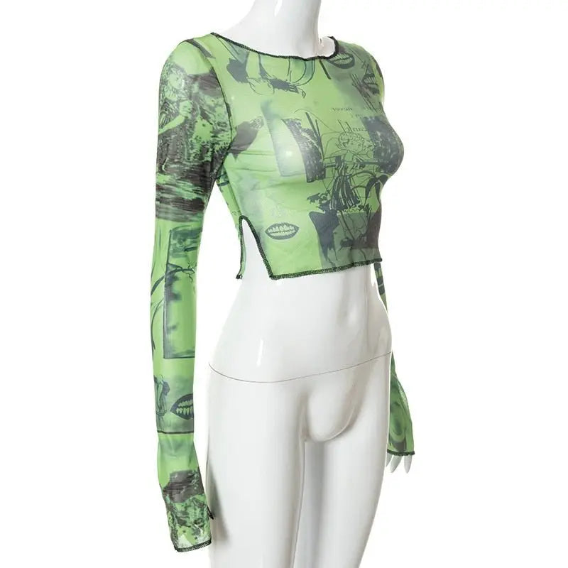 Sexy See Trough Crop Top Graphic Print Green Mesh Sheer T-shirt - Blade & Thread