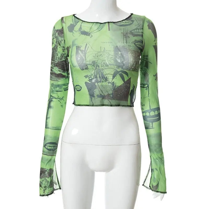 Sexy See Trough Crop Top Graphic Print Green Mesh Sheer T-shirt - Blade & Thread