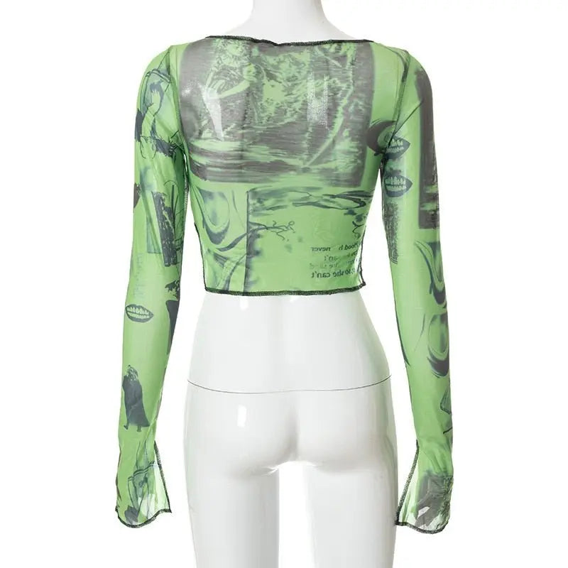 Sexy See Trough Crop Top Graphic Print Green Mesh Sheer T-shirt - Blade & Thread