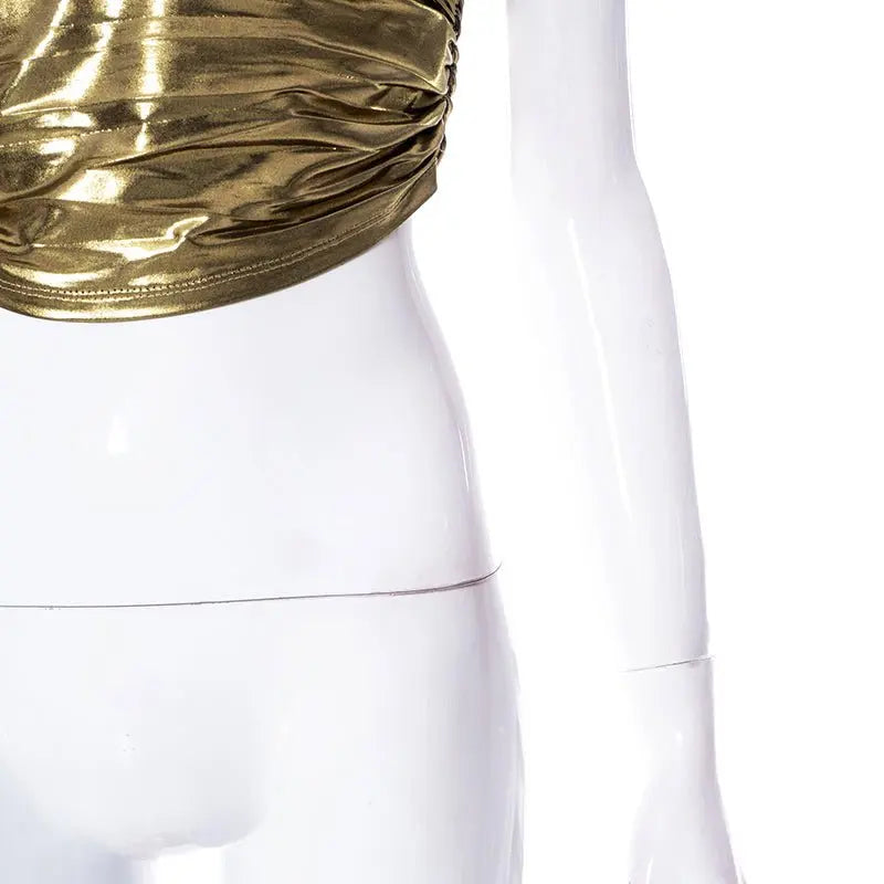 Sexy Slant Shoulder Sleeveless Bodycon Crop Women Bright Ruched Cut Out Corset Top 2022 Summer - Blade & Thread