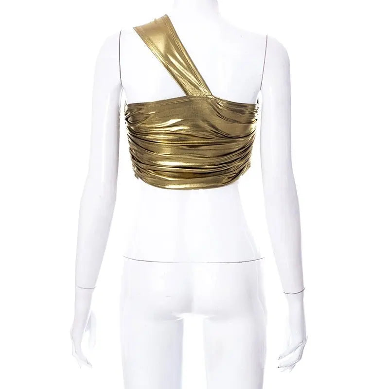 Sexy Slant Shoulder Sleeveless Bodycon Crop Women Bright Ruched Cut Out Corset Top 2022 Summer - Blade & Thread