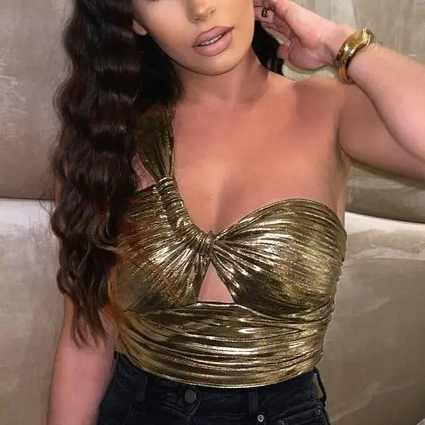 Sexy Slant Shoulder Sleeveless Bodycon Crop Women Bright Ruched Cut Out Corset Top 2022 Summer - Blade & Thread