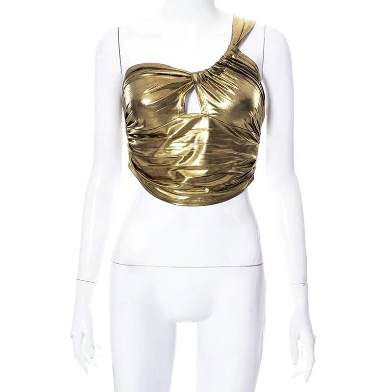 Sexy Slant Shoulder Sleeveless Bodycon Crop Women Bright Ruched Cut Out Corset Top 2022 Summer - Blade & Thread