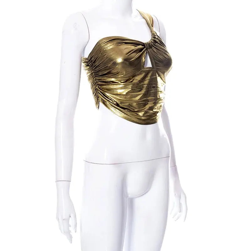 Sexy Slant Shoulder Sleeveless Bodycon Crop Women Bright Ruched Cut Out Corset Top 2022 Summer - Blade & Thread
