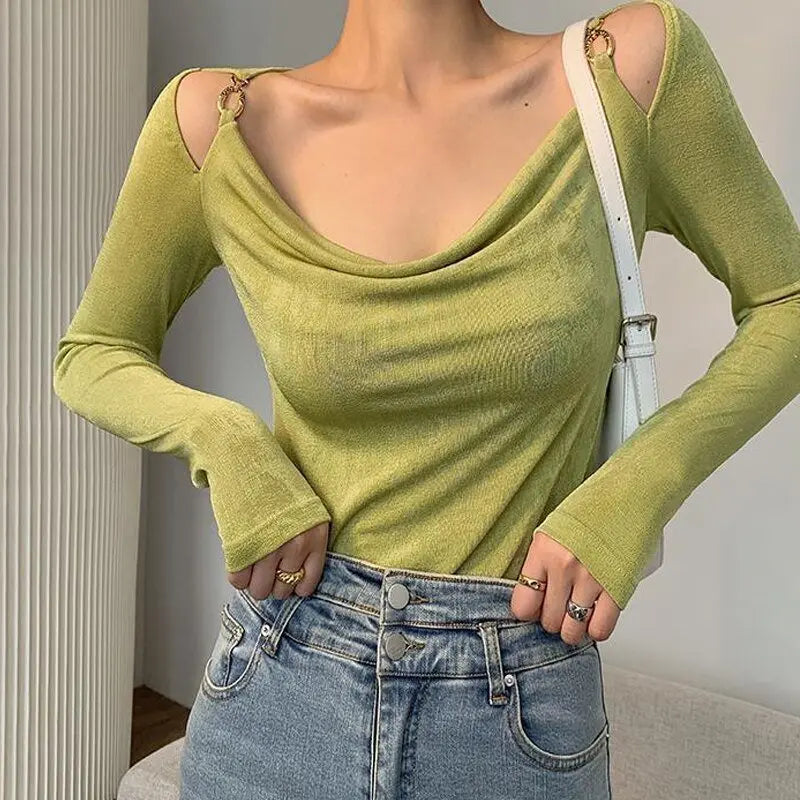 Sexy Swing Collar Cropped Tops Women Autumn Metal Design Skinny Long Sleeve T-Shirt Outwear - Blade & Thread