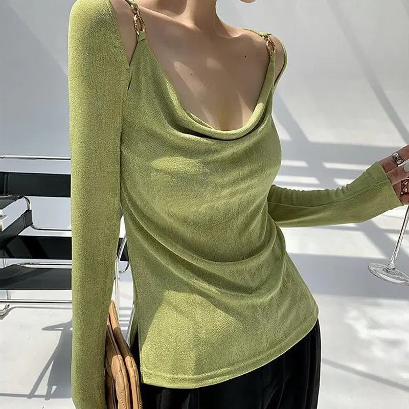 Sexy Swing Collar Cropped Tops Women Autumn Metal Design Skinny Long Sleeve T-Shirt Outwear - Blade & Thread