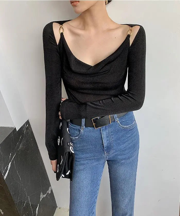 Sexy Swing Collar Cropped Tops Women Autumn Metal Design Skinny Long Sleeve T-Shirt Outwear - Blade & Thread