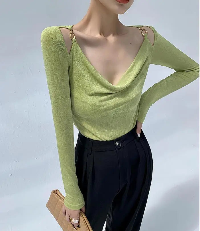 Sexy Swing Collar Cropped Tops Women Autumn Metal Design Skinny Long Sleeve T-Shirt Outwear - Blade & Thread