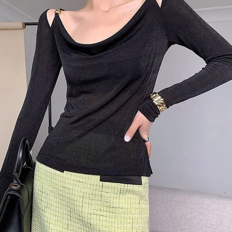 Sexy Swing Collar Cropped Tops Women Autumn Metal Design Skinny Long Sleeve T-Shirt Outwear - Blade & Thread