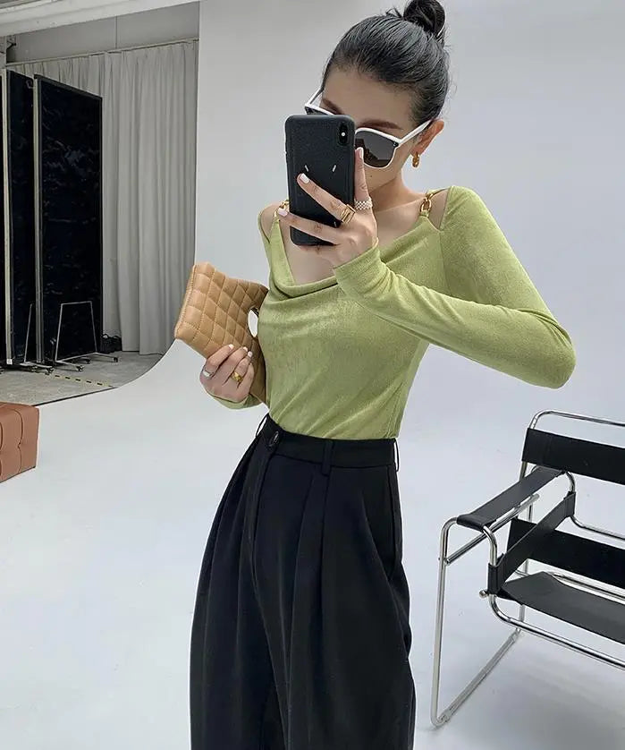 Sexy Swing Collar Cropped Tops Women Autumn Metal Design Skinny Long Sleeve T-Shirt Outwear - Blade & Thread