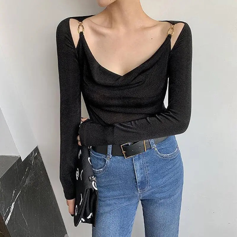 Sexy Swing Collar Cropped Tops Women Autumn Metal Design Skinny Long Sleeve T-Shirt Outwear - Blade & Thread