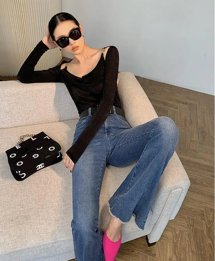 Sexy Swing Collar Cropped Tops Women Autumn Metal Design Skinny Long Sleeve T-Shirt Outwear - Blade & Thread