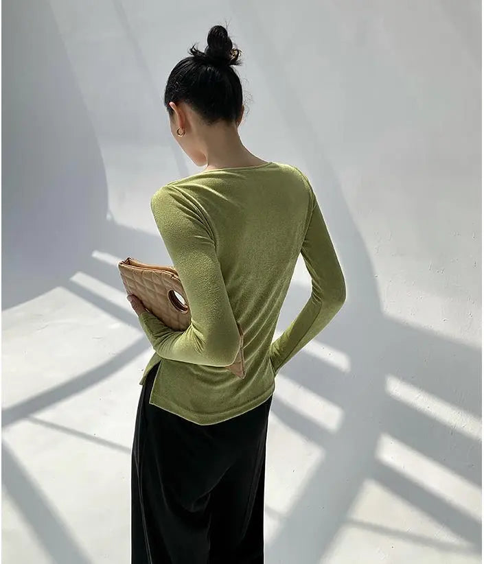 Sexy Swing Collar Cropped Tops Women Autumn Metal Design Skinny Long Sleeve T-Shirt Outwear - Blade & Thread