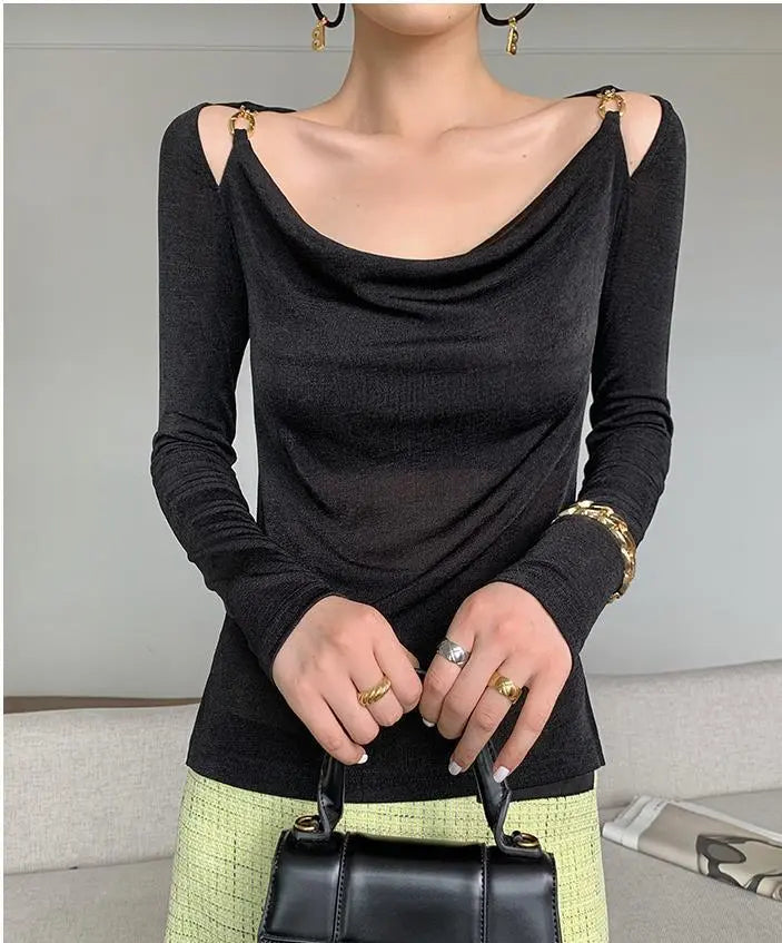Sexy Swing Collar Cropped Tops Women Autumn Metal Design Skinny Long Sleeve T-Shirt Outwear - Blade & Thread