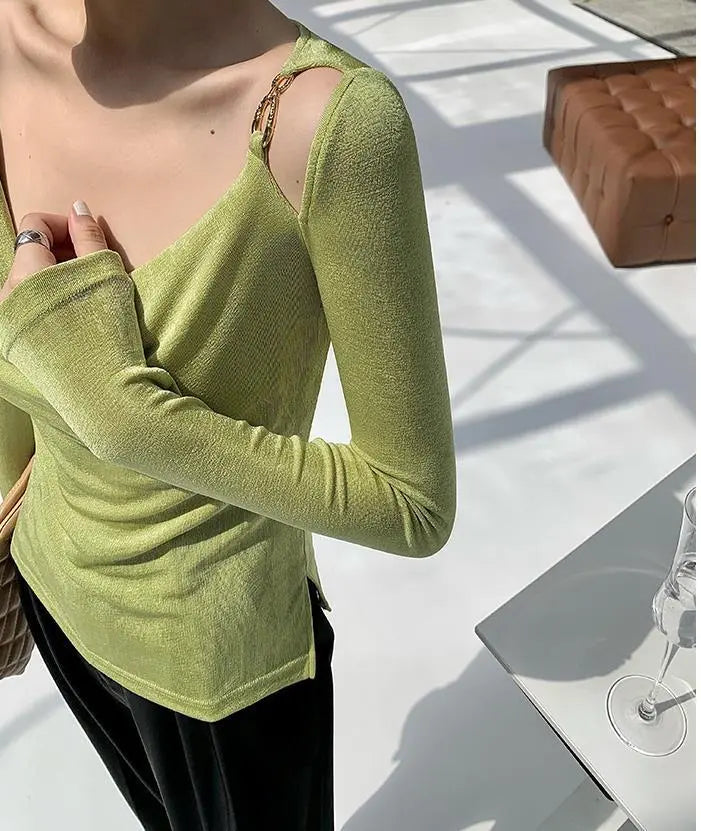 Sexy Swing Collar Cropped Tops Women Autumn Metal Design Skinny Long Sleeve T-Shirt Outwear - Blade & Thread