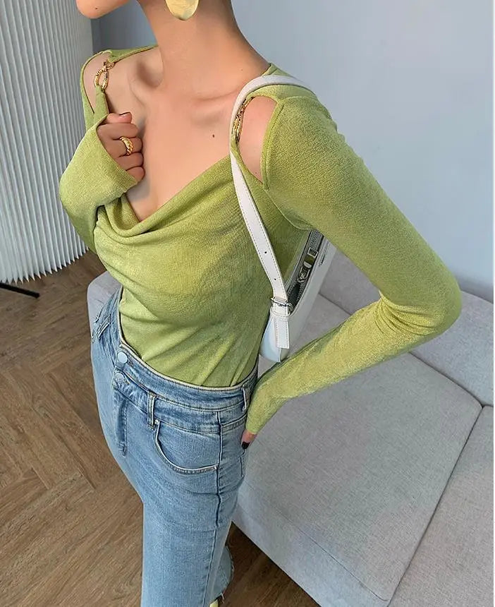 Sexy Swing Collar Cropped Tops Women Autumn Metal Design Skinny Long Sleeve T-Shirt Outwear - Blade & Thread