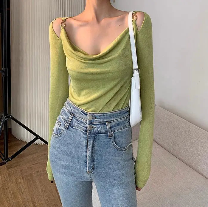 Sexy Swing Collar Cropped Tops Women Autumn Metal Design Skinny Long Sleeve T-Shirt Outwear - Blade & Thread