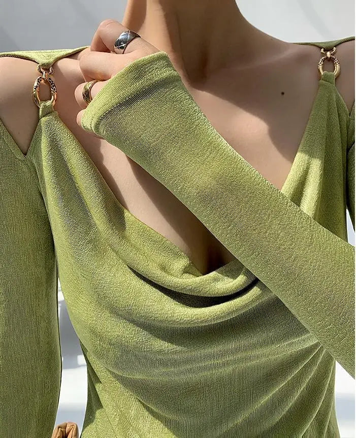 Sexy Swing Collar Cropped Tops Women Autumn Metal Design Skinny Long Sleeve T-Shirt Outwear - Blade & Thread