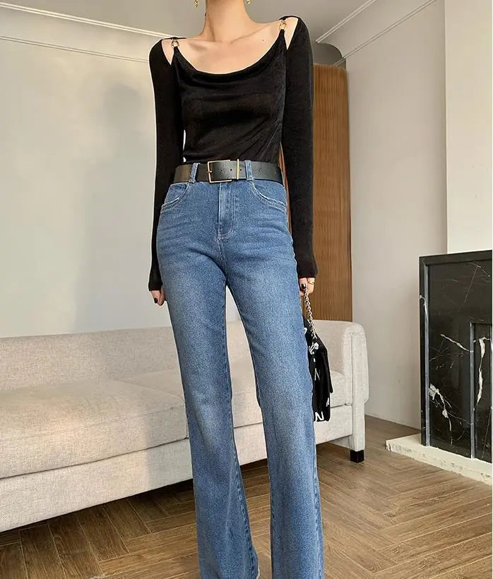 Sexy Swing Collar Cropped Tops Women Autumn Metal Design Skinny Long Sleeve T-Shirt Outwear - Blade & Thread