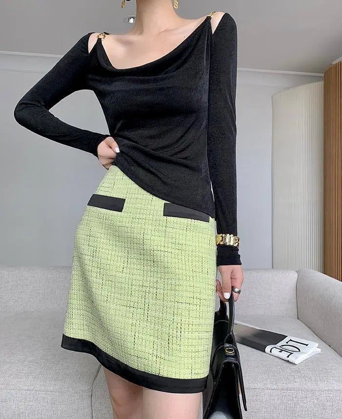 Sexy Swing Collar Cropped Tops Women Autumn Metal Design Skinny Long Sleeve T-Shirt Outwear - Blade & Thread