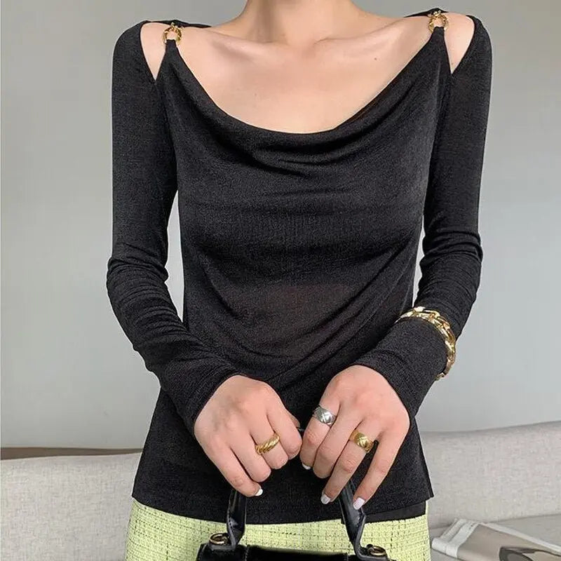 Sexy Swing Collar Cropped Tops Women Autumn Metal Design Skinny Long Sleeve T-Shirt Outwear - Blade & Thread