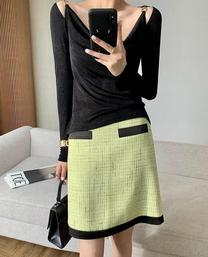 Sexy Swing Collar Cropped Tops Women Autumn Metal Design Skinny Long Sleeve T-Shirt Outwear - Blade & Thread