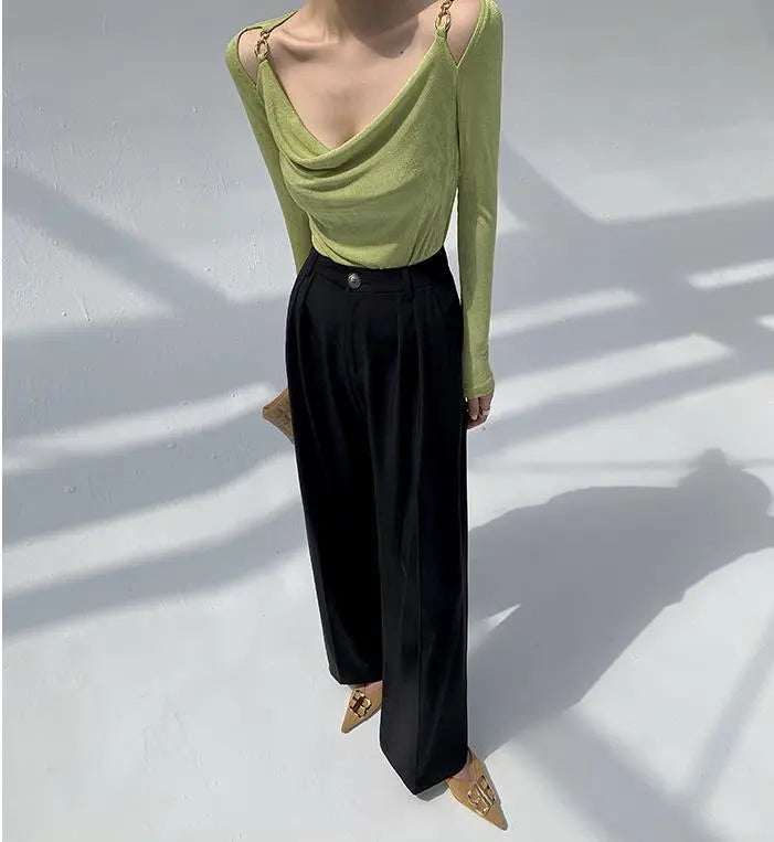 Sexy Swing Collar Cropped Tops Women Autumn Metal Design Skinny Long Sleeve T-Shirt Outwear - Blade & Thread