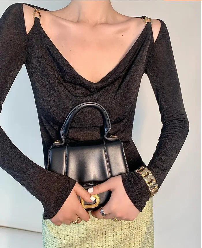 Sexy Swing Collar Cropped Tops Women Autumn Metal Design Skinny Long Sleeve T-Shirt Outwear - Blade & Thread