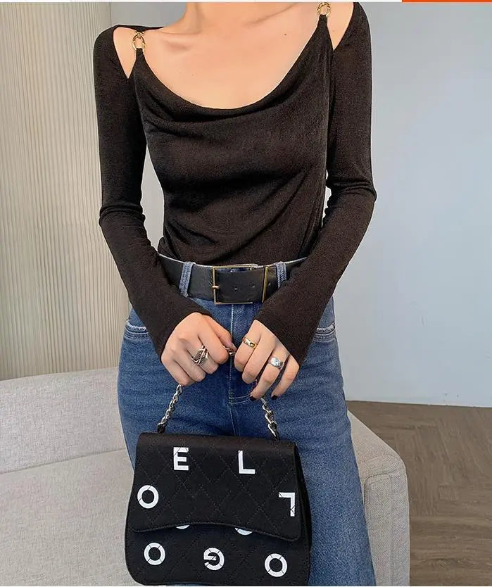 Sexy Swing Collar Cropped Tops Women Autumn Metal Design Skinny Long Sleeve T-Shirt Outwear - Blade & Thread