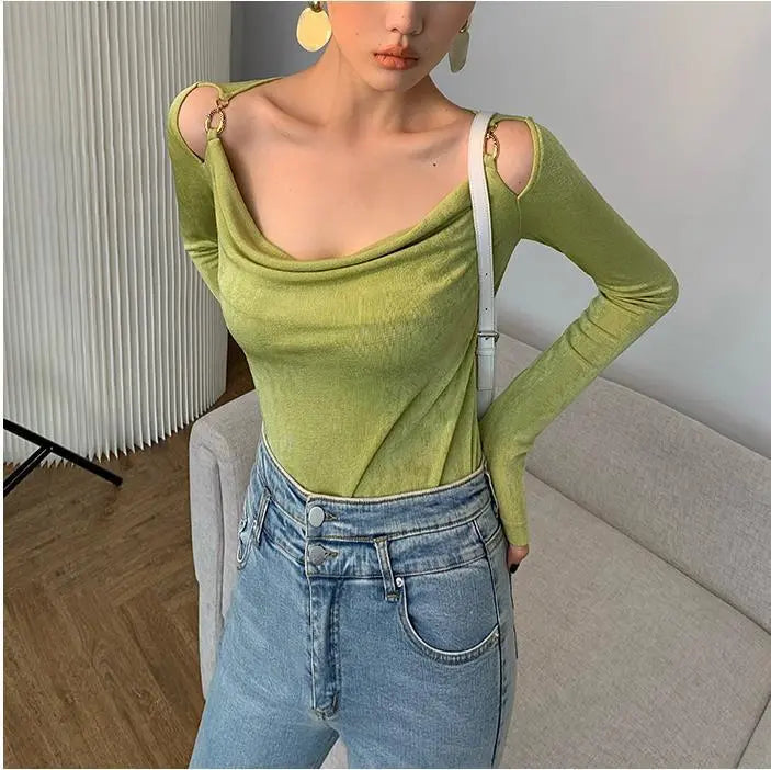 Sexy Swing Collar Cropped Tops Women Autumn Metal Design Skinny Long Sleeve T-Shirt Outwear - Blade & Thread