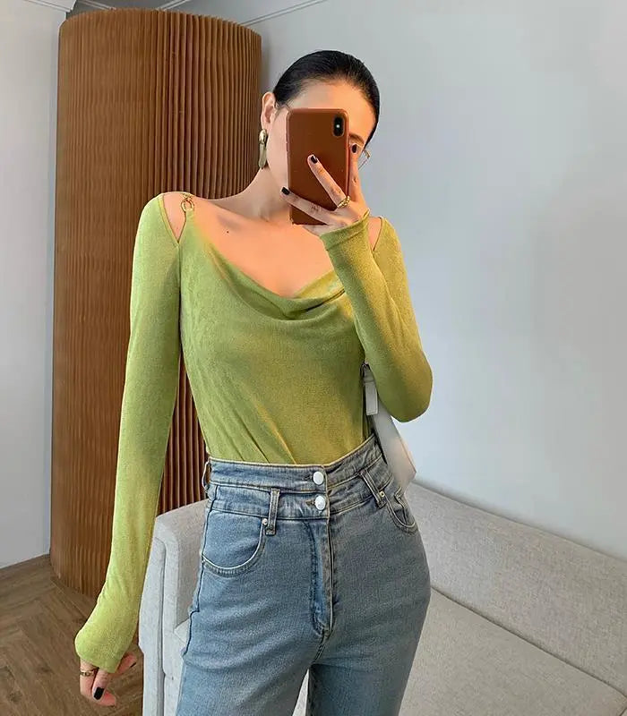Sexy Swing Collar Cropped Tops Women Autumn Metal Design Skinny Long Sleeve T-Shirt Outwear - Blade & Thread