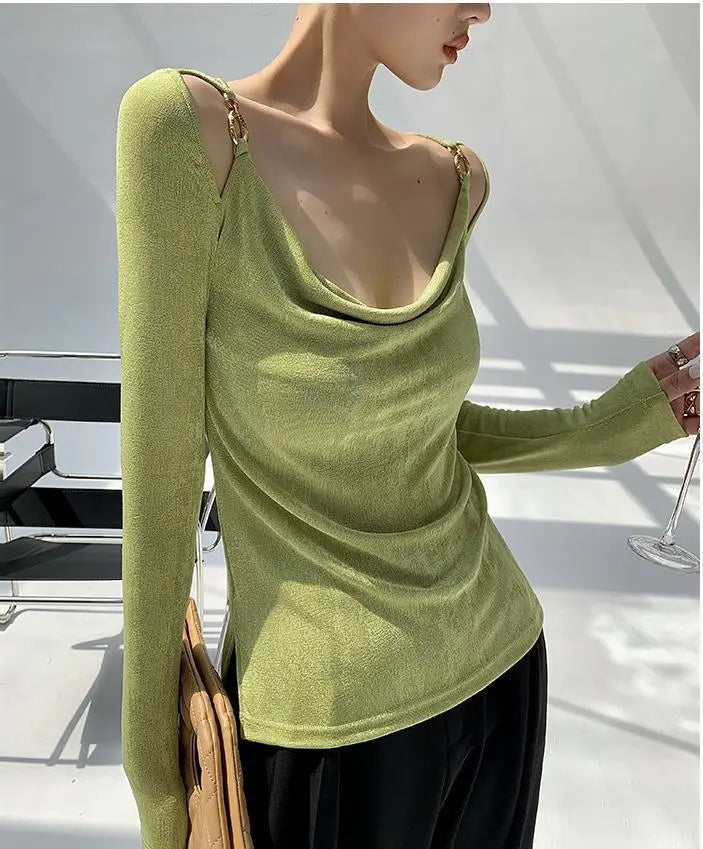 Sexy Swing Collar Cropped Tops Women Autumn Metal Design Skinny Long Sleeve T-Shirt Outwear - Blade & Thread