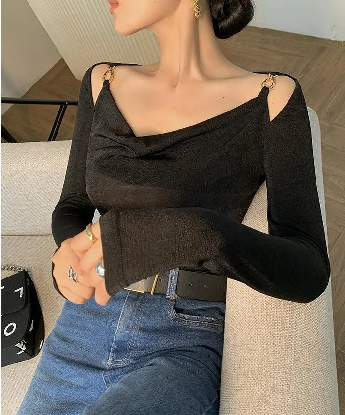 Sexy Swing Collar Cropped Tops Women Autumn Metal Design Skinny Long Sleeve T-Shirt Outwear - Blade & Thread