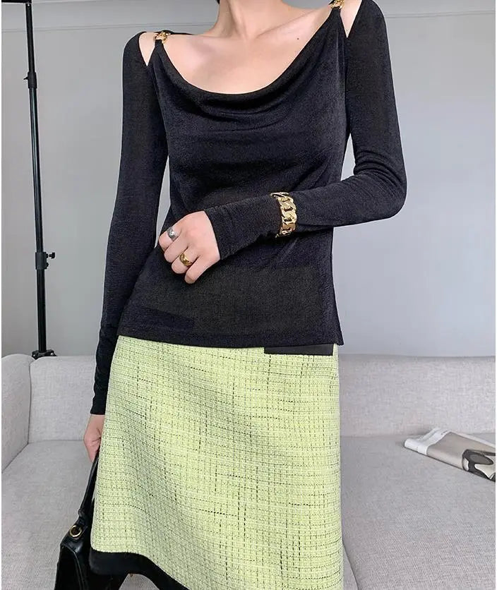 Sexy Swing Collar Cropped Tops Women Autumn Metal Design Skinny Long Sleeve T-Shirt Outwear - Blade & Thread