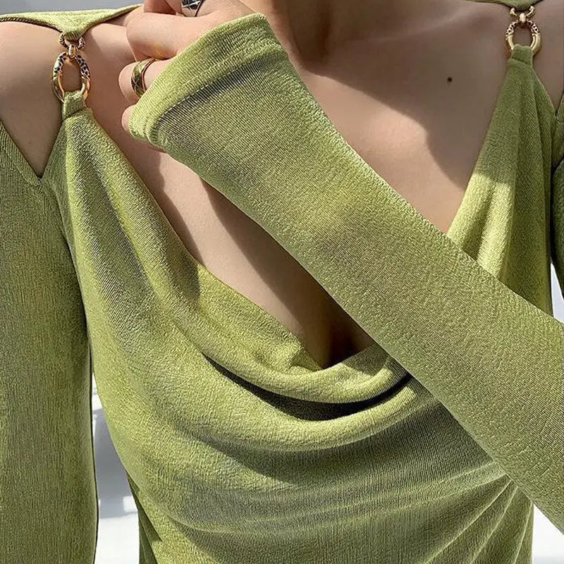 Sexy Swing Collar Cropped Tops Women Autumn Metal Design Skinny Long Sleeve T-Shirt Outwear - Blade & Thread