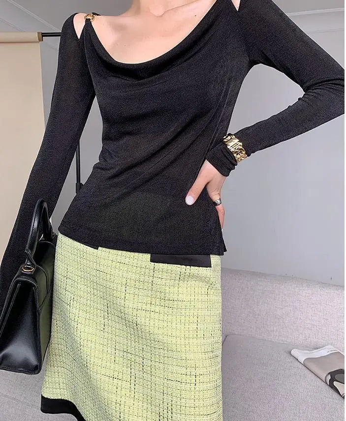 Sexy Swing Collar Cropped Tops Women Autumn Metal Design Skinny Long Sleeve T-Shirt Outwear - Blade & Thread