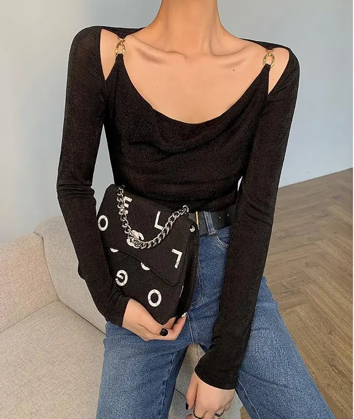 Sexy Swing Collar Cropped Tops Women Autumn Metal Design Skinny Long Sleeve T-Shirt Outwear - Blade & Thread
