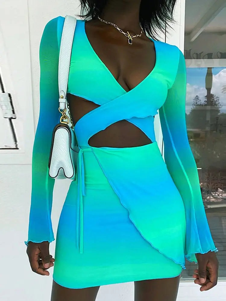 Sexy Tie Dye Bodycon Mini Dress Women Hollow Out Long Sleeve Mesh Skinny Summer 2022 - Blade & Thread